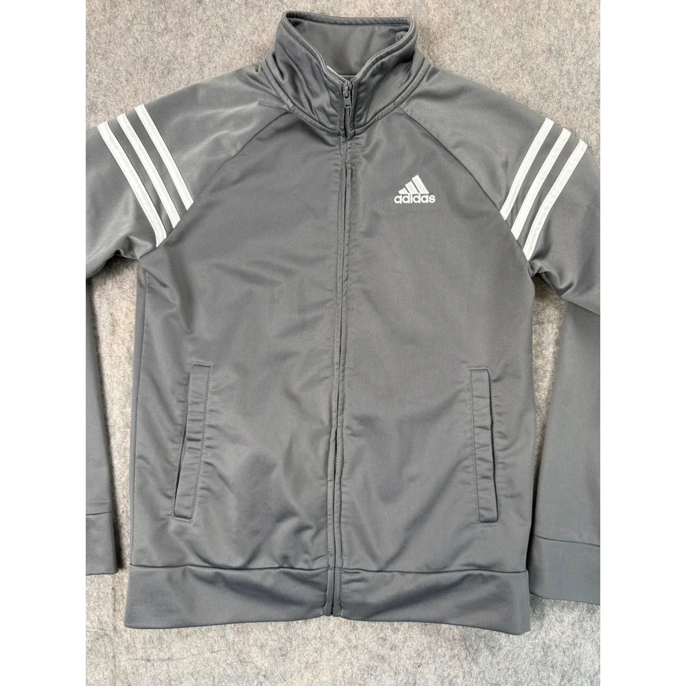 Adidas Kids Gray Track Jacket Full Zip 3-Stripe Performance Size M 10/12